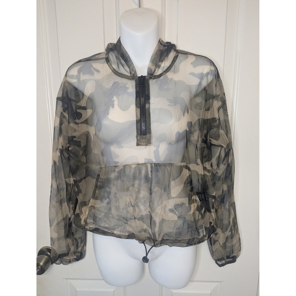 Shinestar Camo Mesh Sheer Quarter Zip Hooded Pullover Windbreaker Small